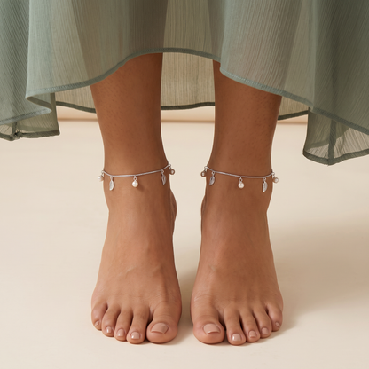 Pearl Leaf Charm Sterling Silver Anklet