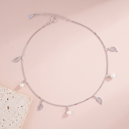 Pearl Leaf Charm Sterling Silver Anklet