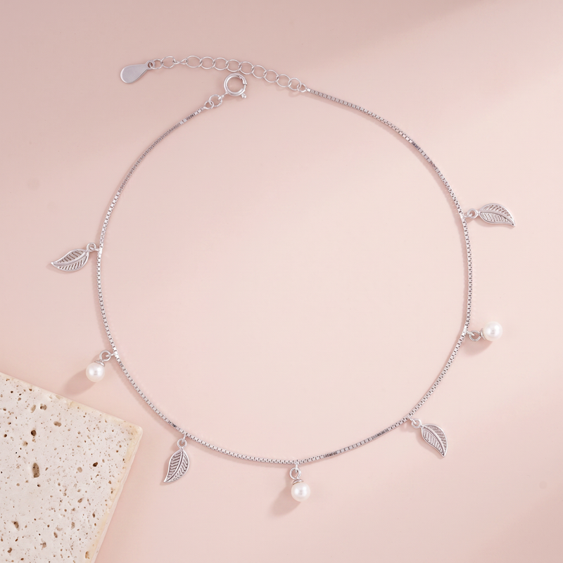 Pearl Leaf Charm Sterling Silver Anklet