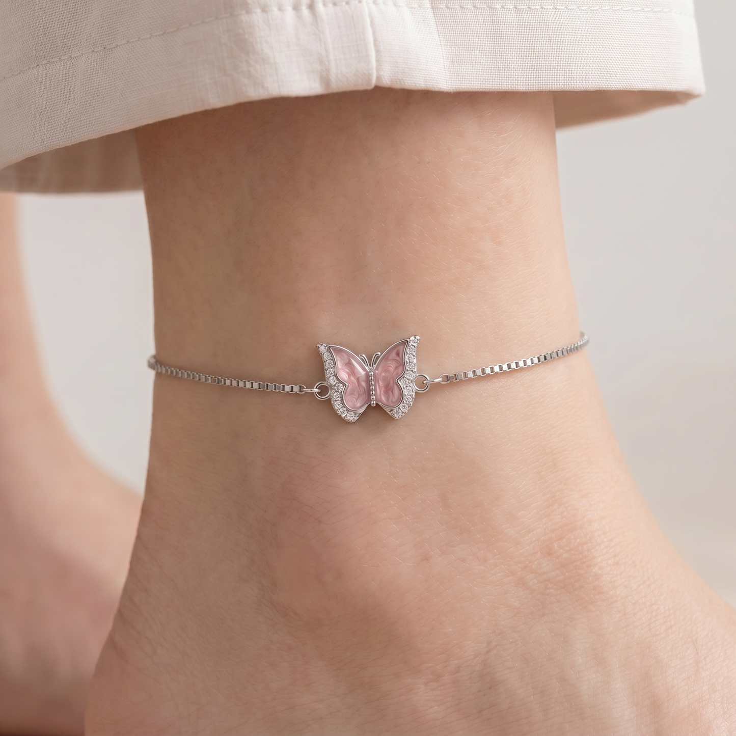 Pink Butterfly 925 Sterling Silver Anklet for Women with Adjustable Chain