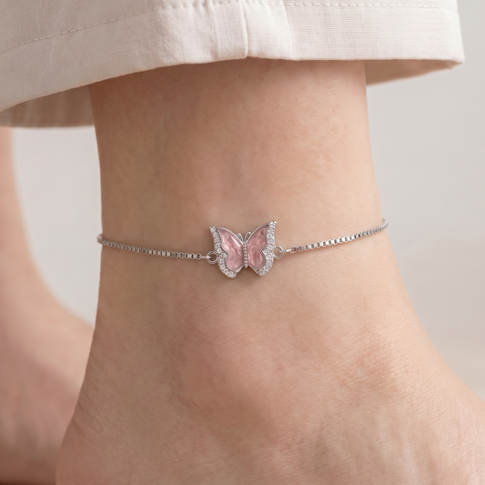 Pink Butterfly 925 Sterling Silver Anklet for Women with Adjustable Chain