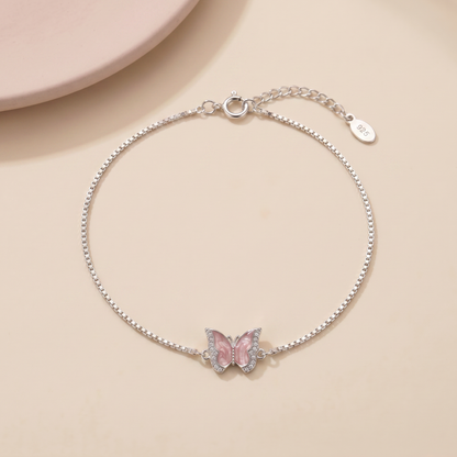 Pink Butterfly 925 Sterling Silver Anklet for Women with Adjustable Chain