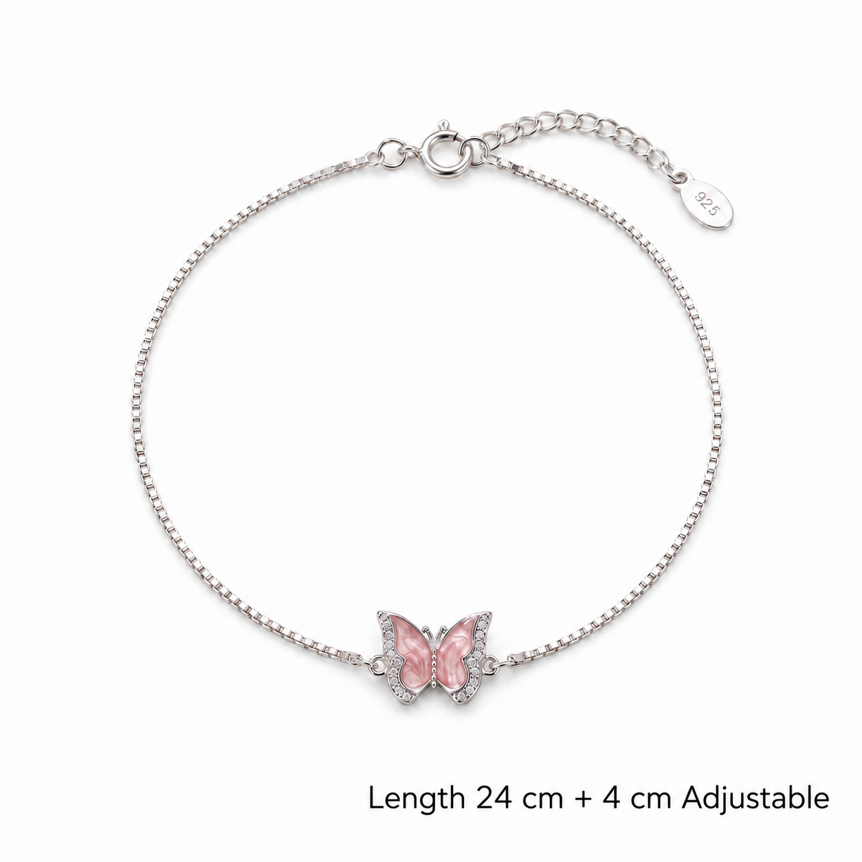 Pink Butterfly 925 Sterling Silver Anklet for Women with Adjustable Chain