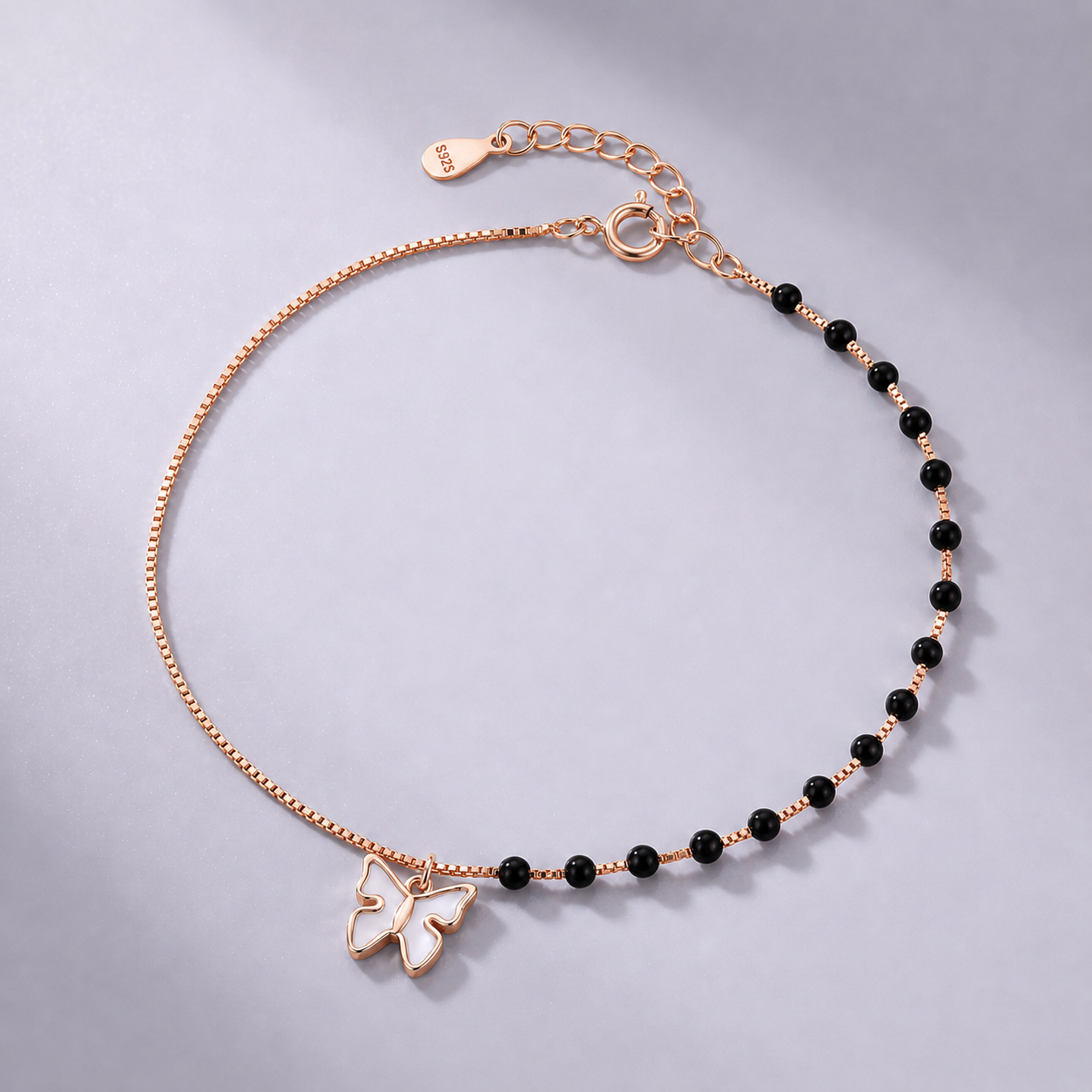 Rose Gold Noir Butterfly 92.5 Sterling Silver Anklet