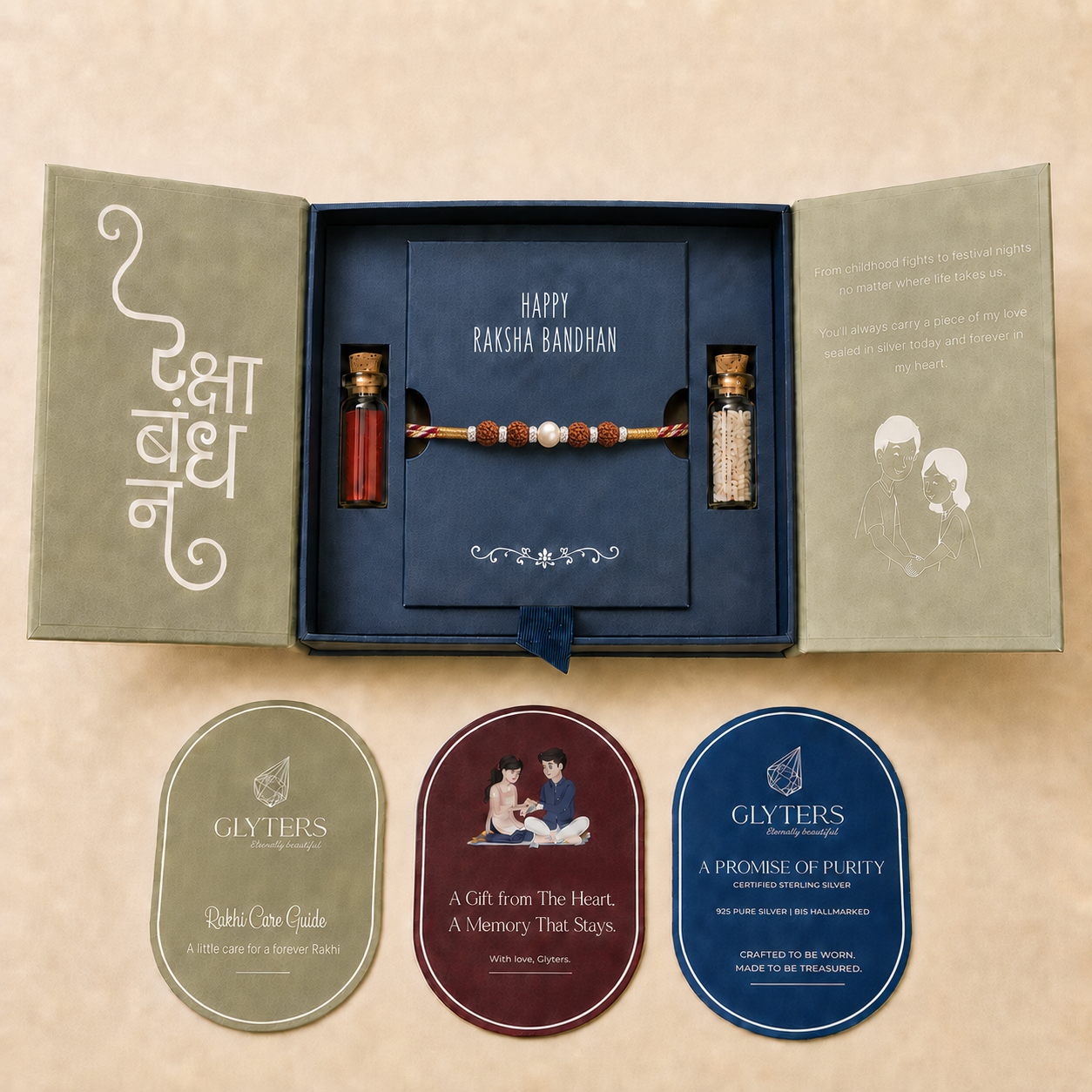Rudraksha Pearl Blessing 925 Silver Rakhi in premium Raksha Bandhan gift box with roli, chawal and care cards