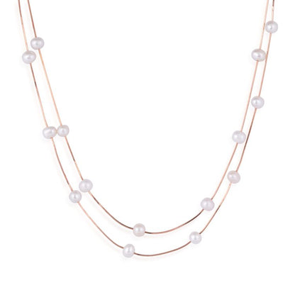 Pearl Station Layered Silver Necklace