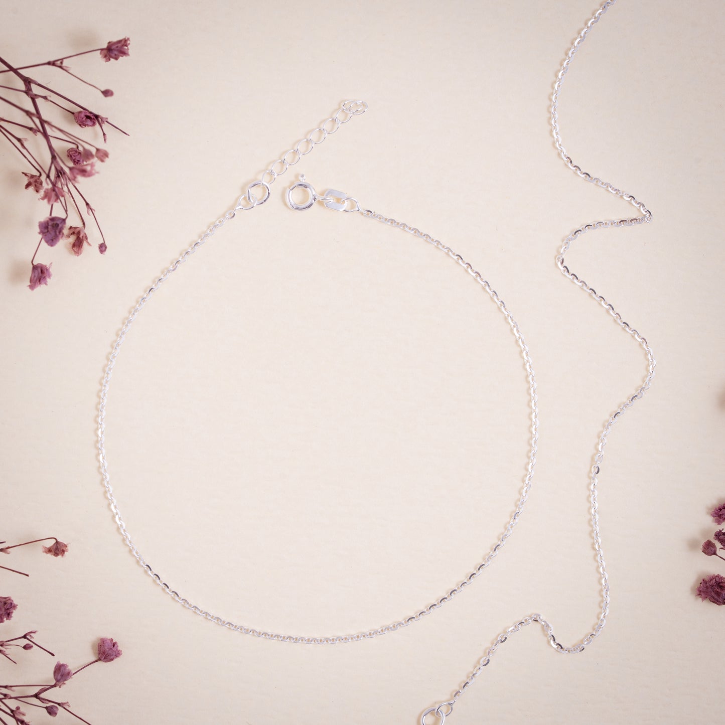 Silver anklet on a light pink background with dried flowers