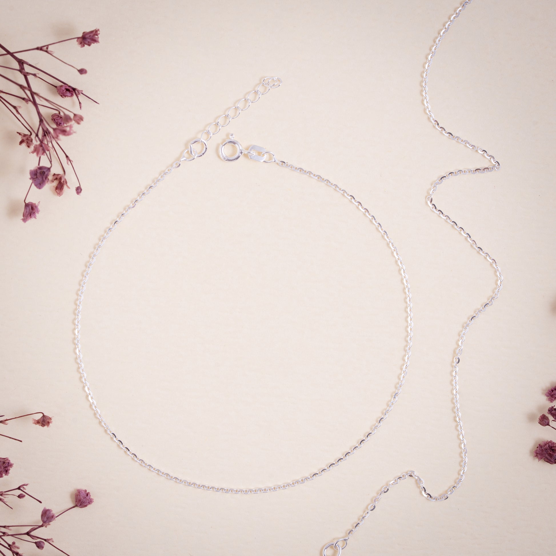 Silver anklet on a light pink background with dried flowers