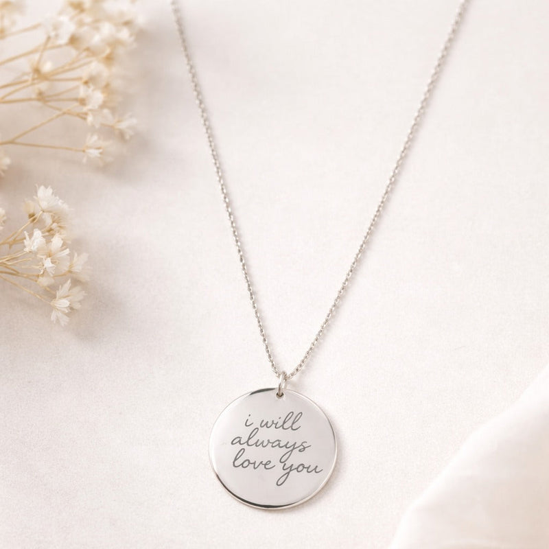 Silver Persoanlised Round Necklace With Text