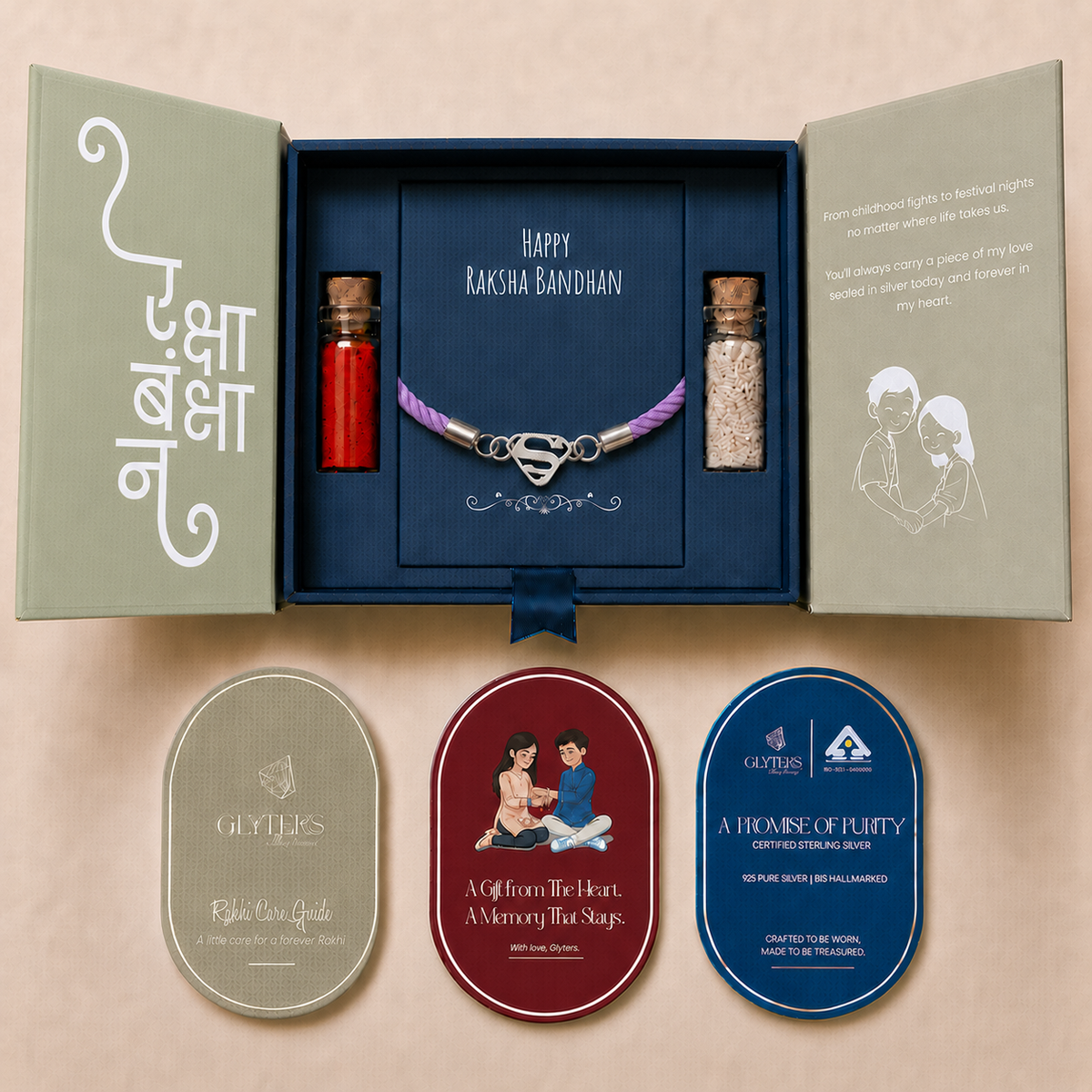 Super Bro Sterling Silver Rakhi Bracelet in premium Raksha Bandhan gift box with roli, chawal and care cards