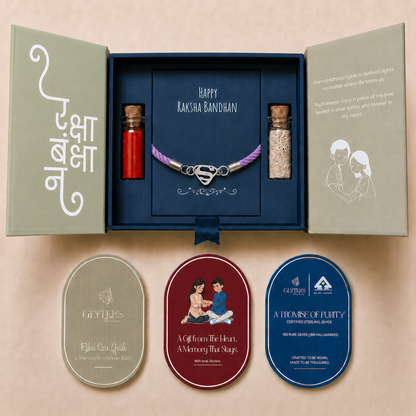 Super Bro Sterling Silver Rakhi Bracelet in premium Raksha Bandhan gift box with roli, chawal and care cards