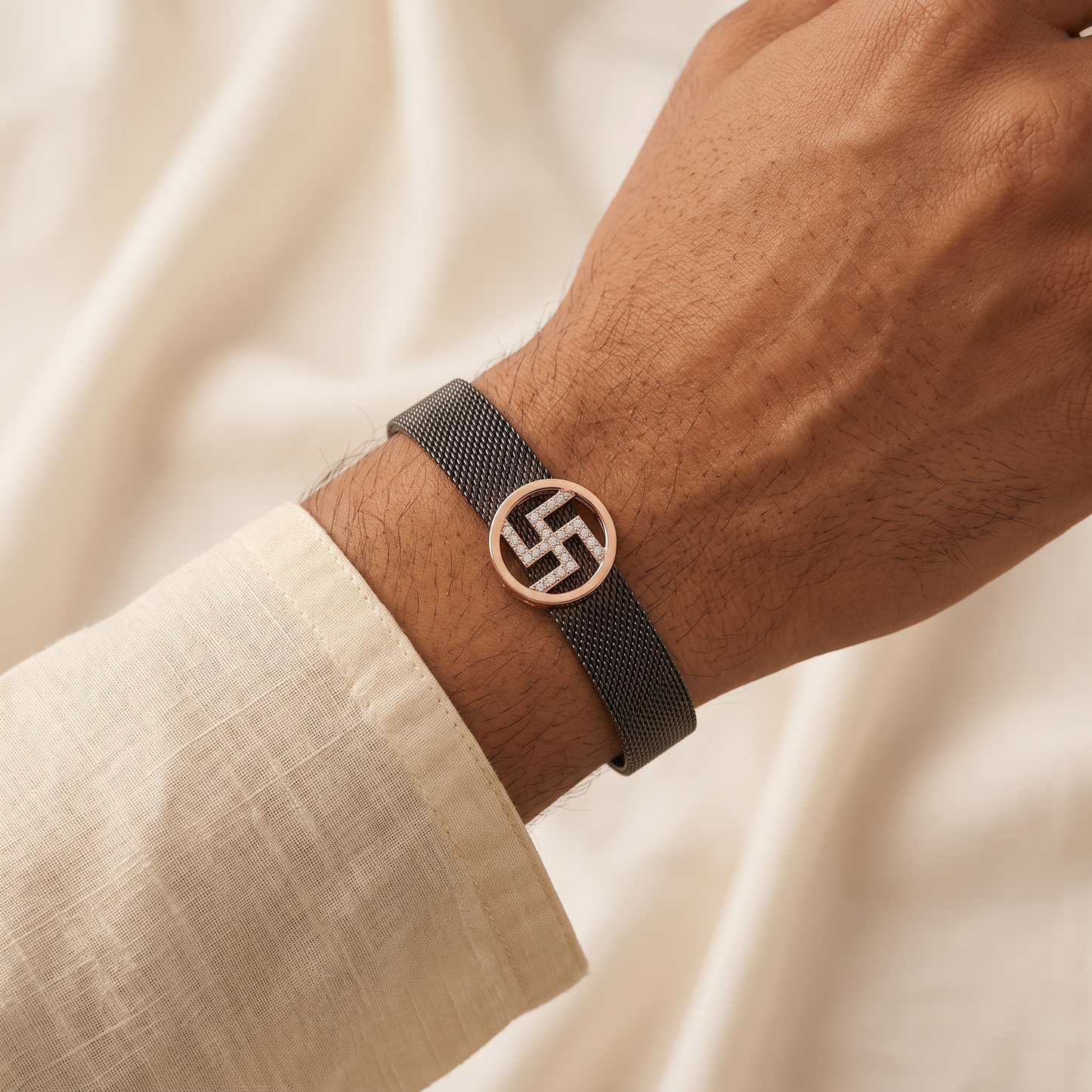 Swastik Aura Rose Gold Mesh Bracelet Rakhi
