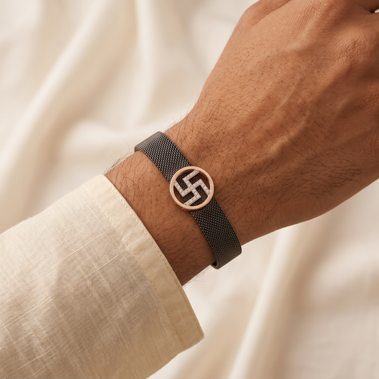 Swastik Aura Rose Gold Mesh Bracelet Rakhi