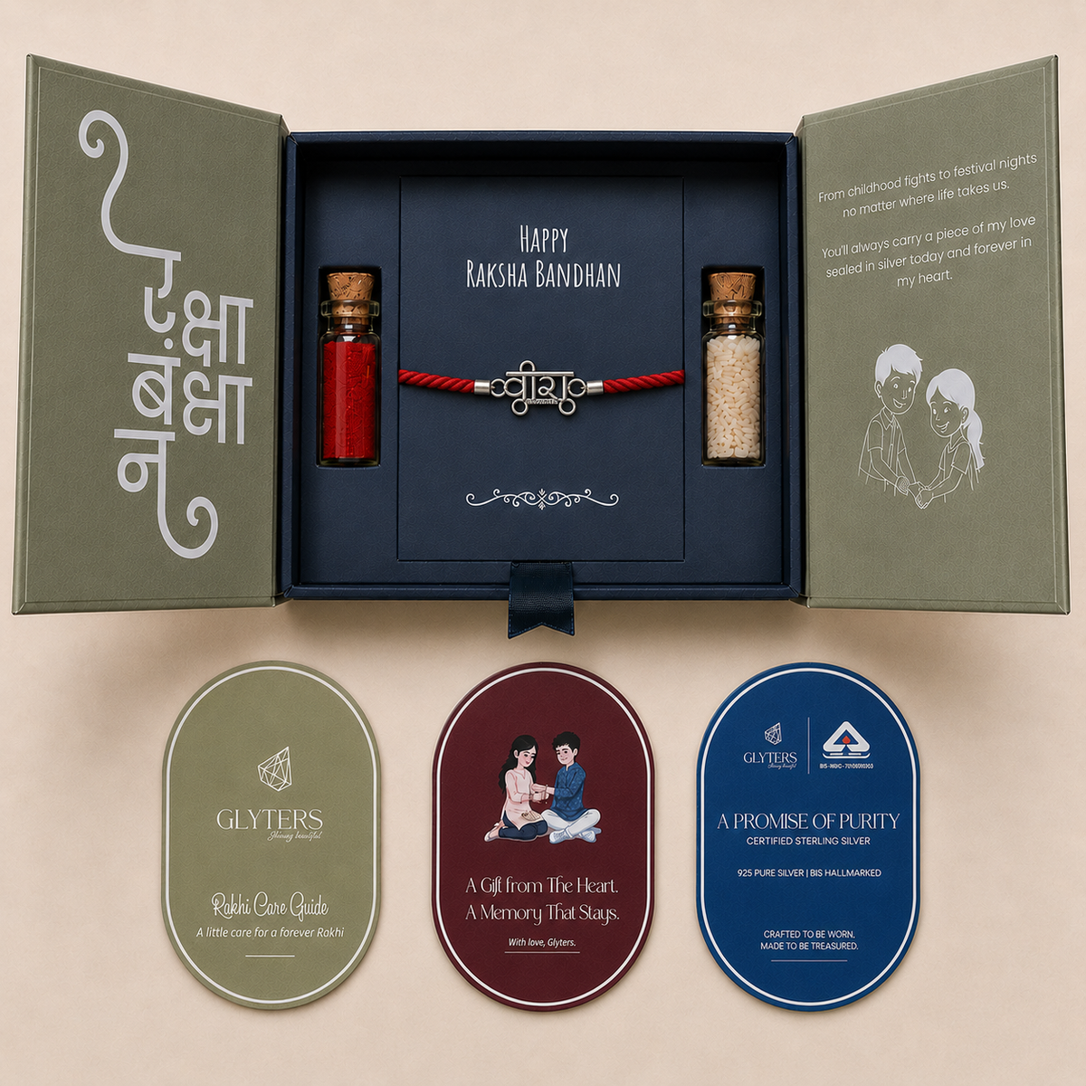 Veer Bhai 925 sterling silver rakhi Bracelet in premium Raksha Bandhan gift box with roli, chawal and care cards