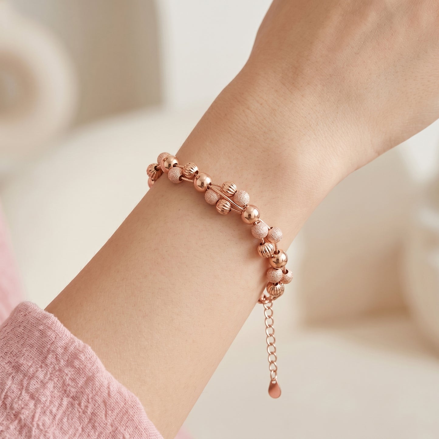 Rose Gold Beaded Charm Silver Bracelet